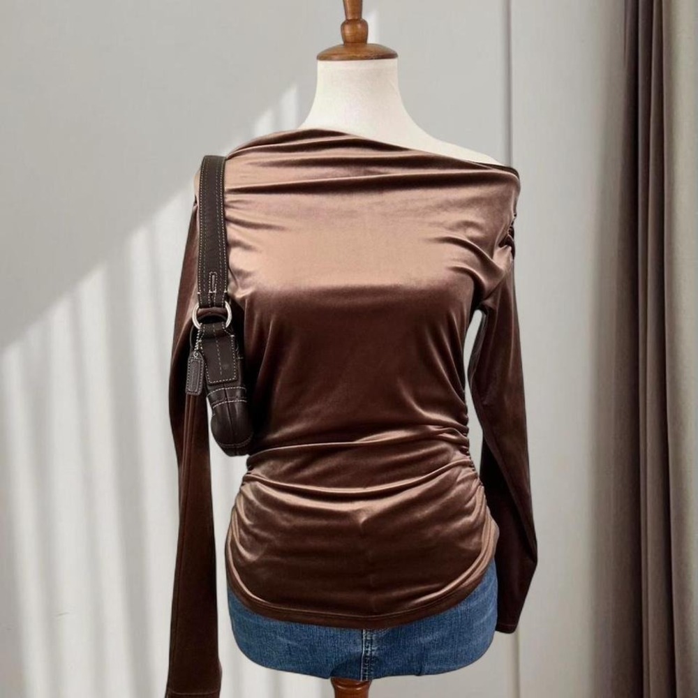 Abercrombie & Fitch Brown Velvet Off the Shoulder Ruched Long Sleeve Top Small
